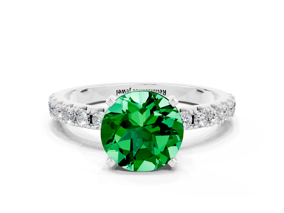 White gold Round Cut Emerald Solitaire Pavé Band with Four-Prong Setting