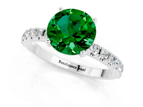 White gold Round Cut Emerald Solitaire Pavé Band with Four-Prong Setting_1