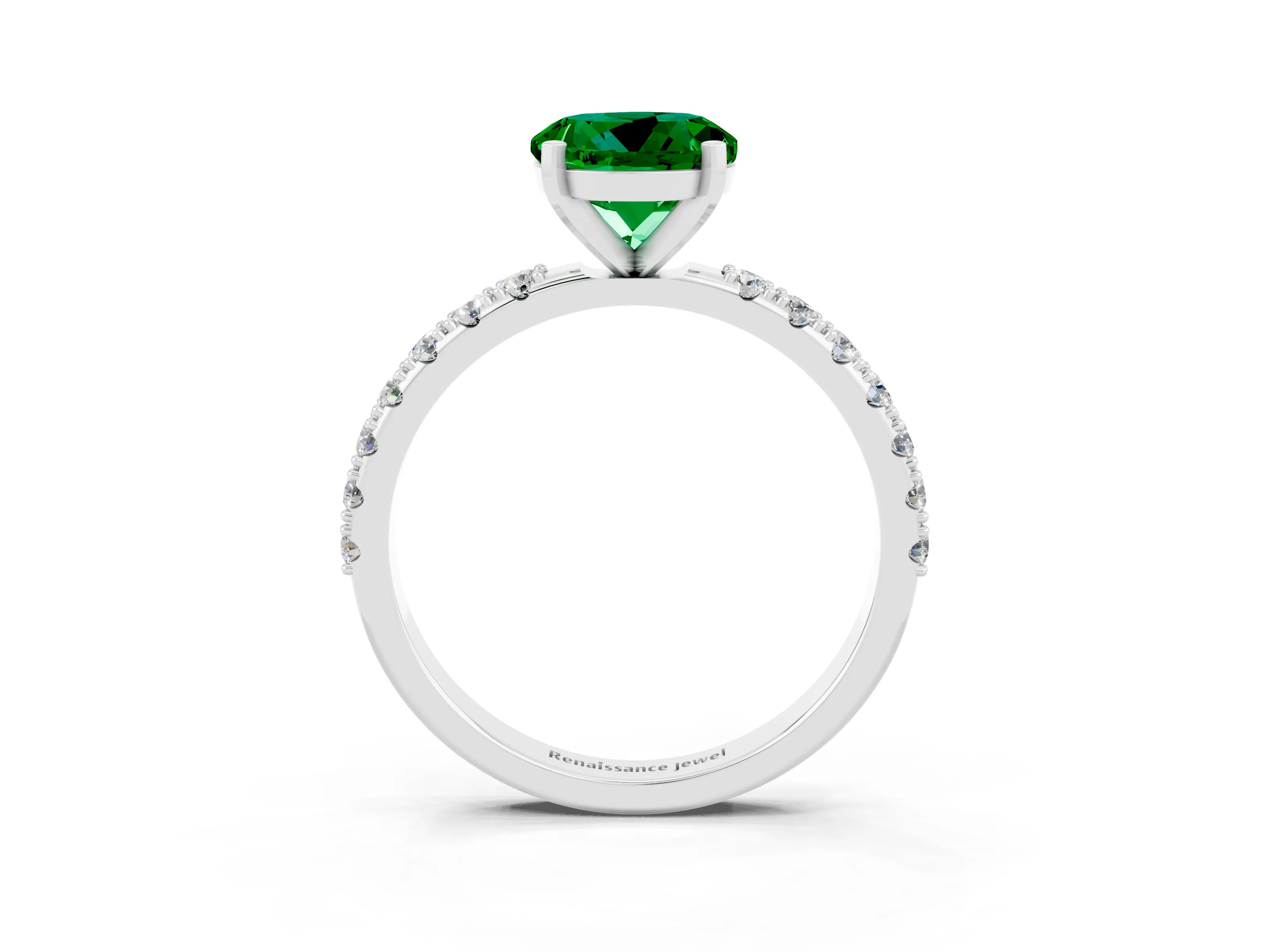 White gold Round Cut Emerald Solitaire Pavé Band with Four-Prong Setting_3