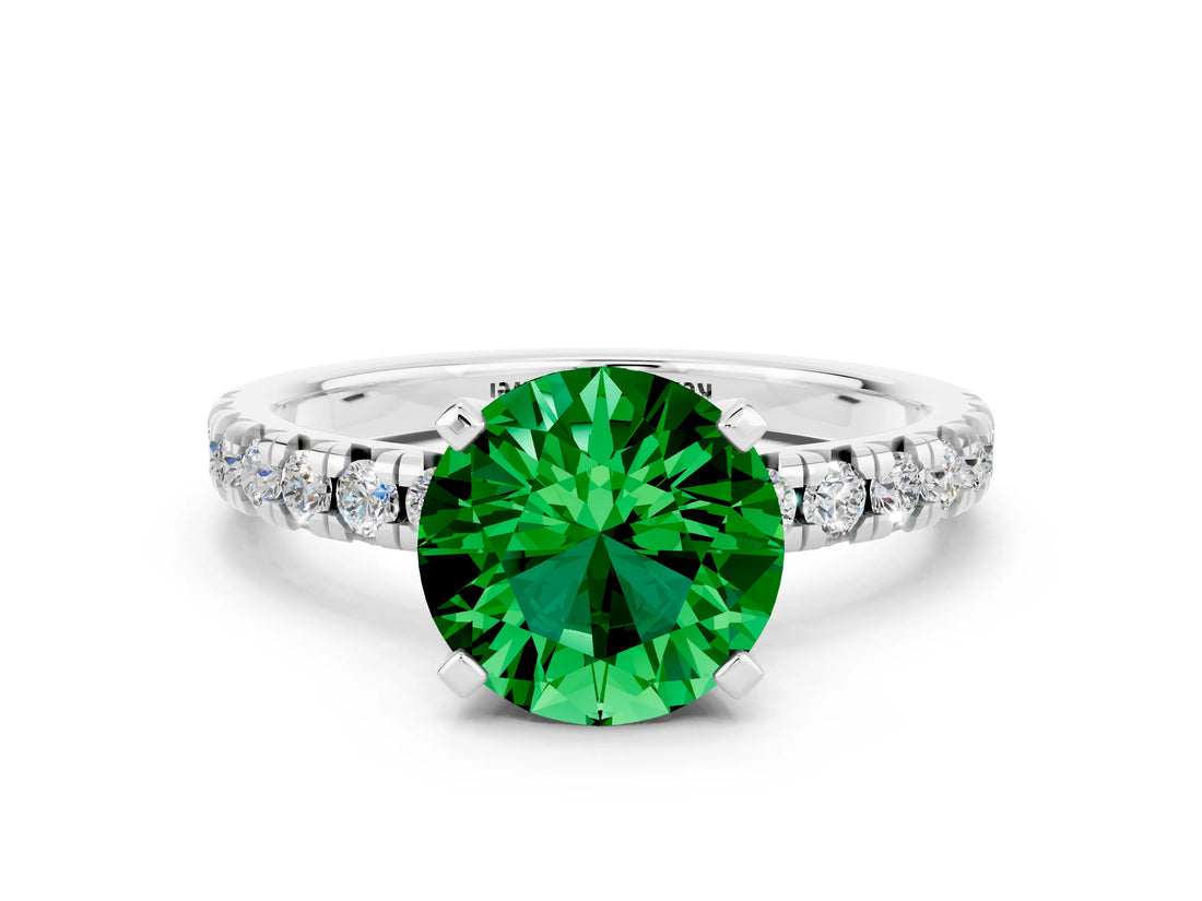 White gold Round Cut Emerald Solitaire Pavé Engagement Ring with Round Band and Prong Setting_72