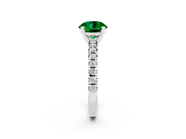 Silver Round Cut Emerald Solitaire Pavé Engagement Ring with Round Band and Prong Setting