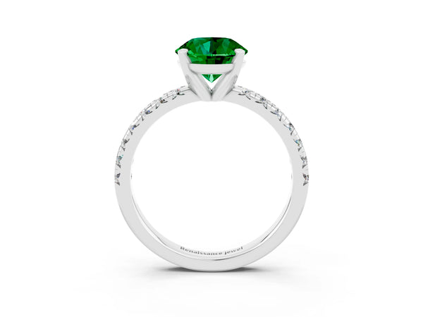 Silver Round Cut Emerald Solitaire Pavé Engagement Ring with Round Band and Prong Setting