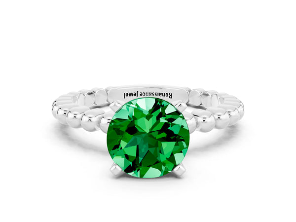Silver Round Cut Emerald Solitaire Ring with Beaded Band and Prong Setting