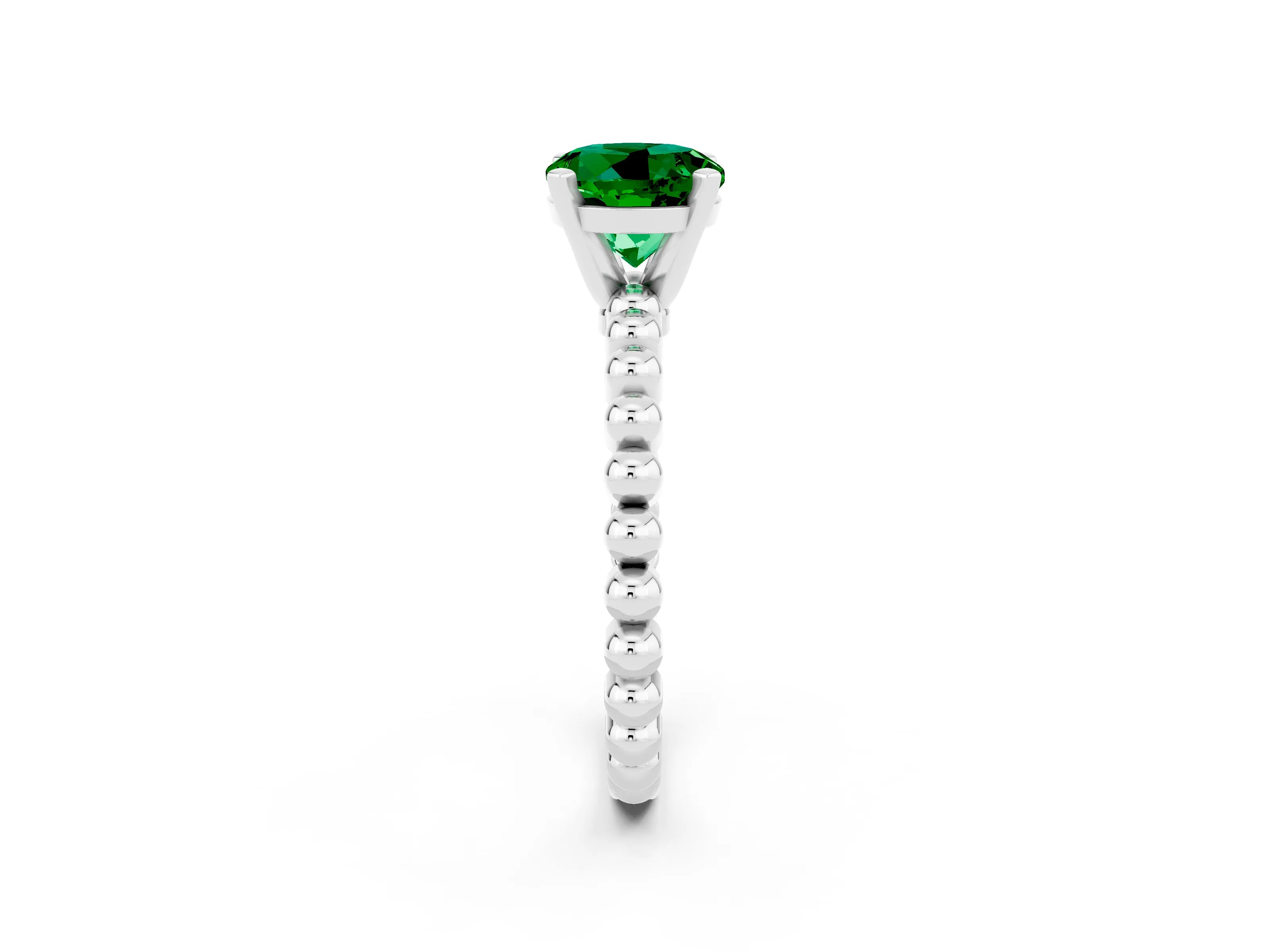 White gold Round Cut Emerald Solitaire Ring with Beaded Band and Prong Setting_14