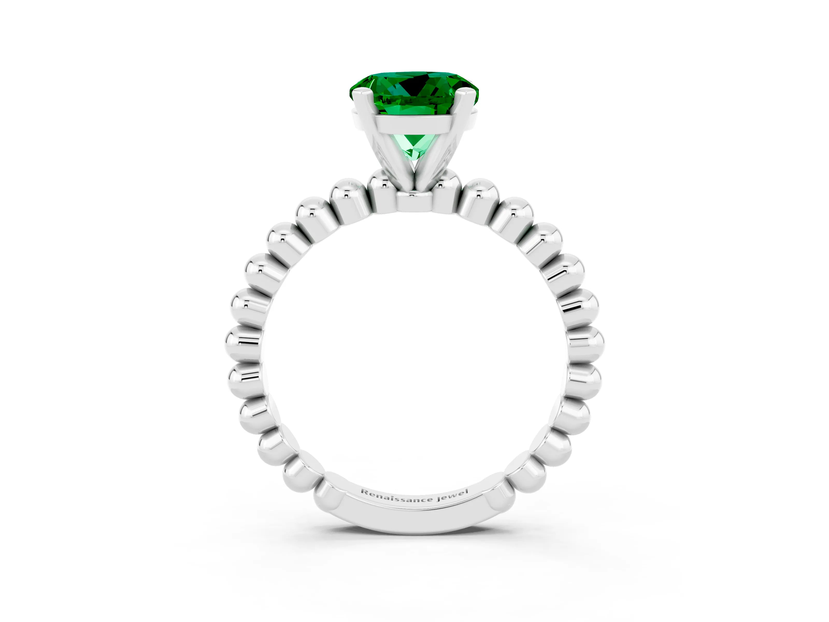 White gold Round Cut Emerald Solitaire Ring with Beaded Band and Prong Setting_15