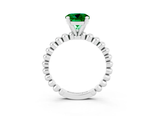 White gold Round Cut Emerald Solitaire Ring with Beaded Band and Prong Setting