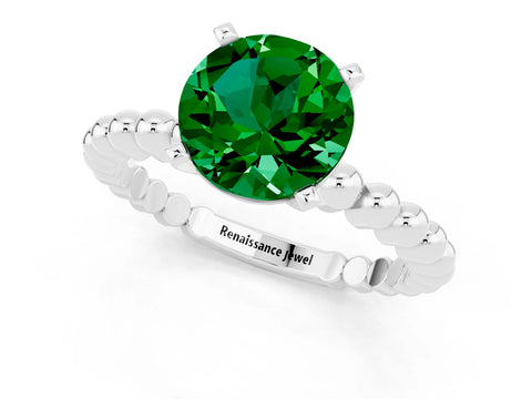 White gold Round Cut Emerald Solitaire Ring with Beaded Band and Prong Setting_1