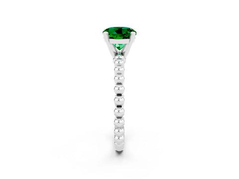 White gold Round Cut Emerald Solitaire Ring with Beaded Band and Prong Setting_2