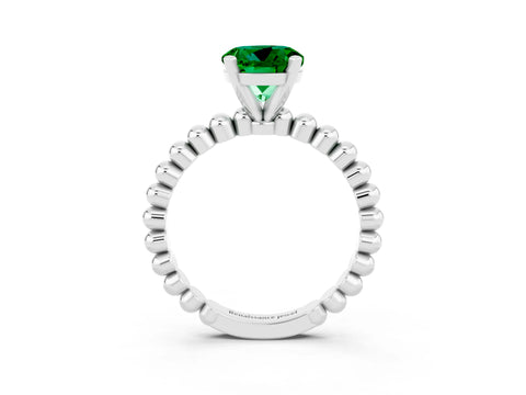 White gold Round Cut Emerald Solitaire Ring with Beaded Band and Prong Setting_3