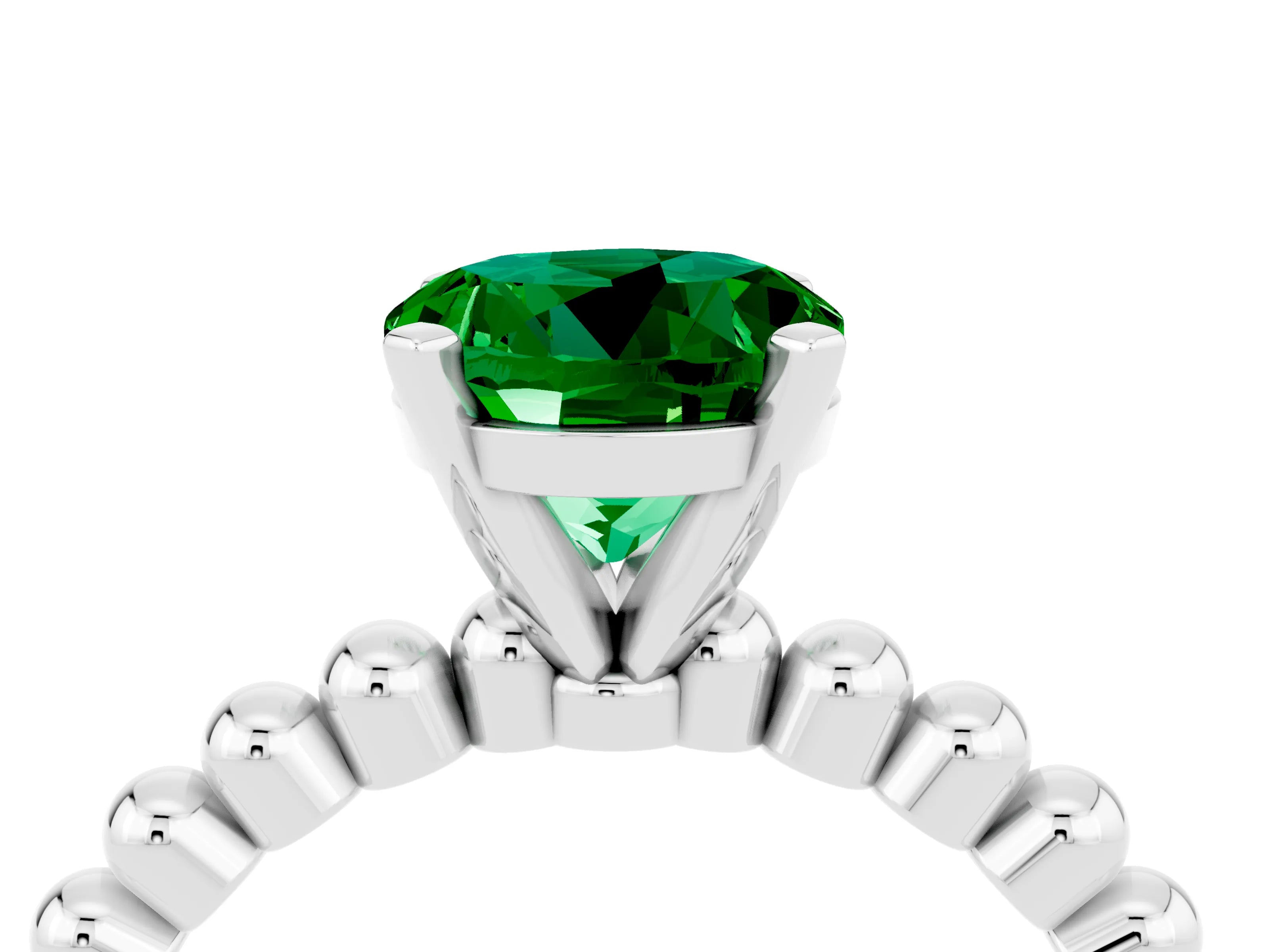 White gold Round Cut Emerald Solitaire Ring with Beaded Band and Prong Setting_4