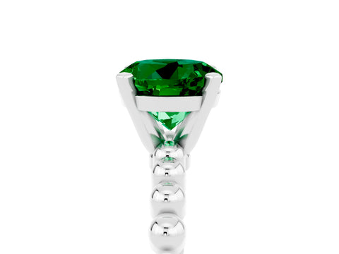 White gold Round Cut Emerald Solitaire Ring with Beaded Band and Prong Setting_5