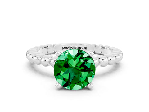 White gold Round Cut Emerald Solitaire Ring with Beaded Band and Prong Setting