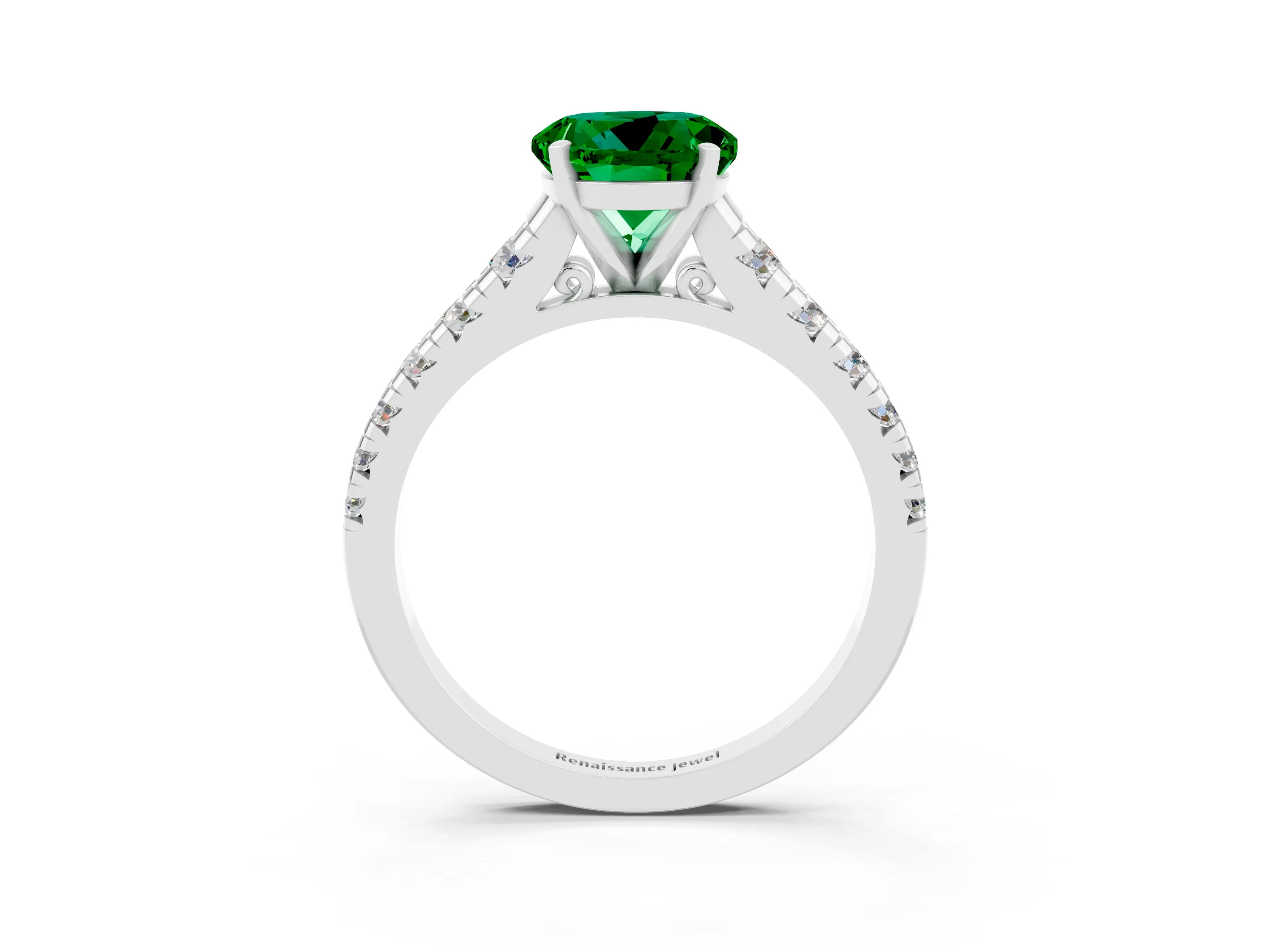 White gold Round Cut Emerald Solitaire Ring with Cathedral Setting and Pavé Band_3