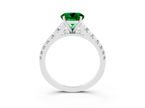 Silver Round Cut Emerald Cathedral Solitaire Ring with Round  Pavé Band