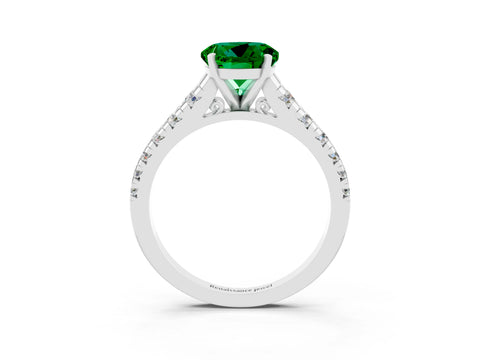 White gold Round Cut Emerald Solitaire Ring with Cathedral Setting and Pavé Band_3