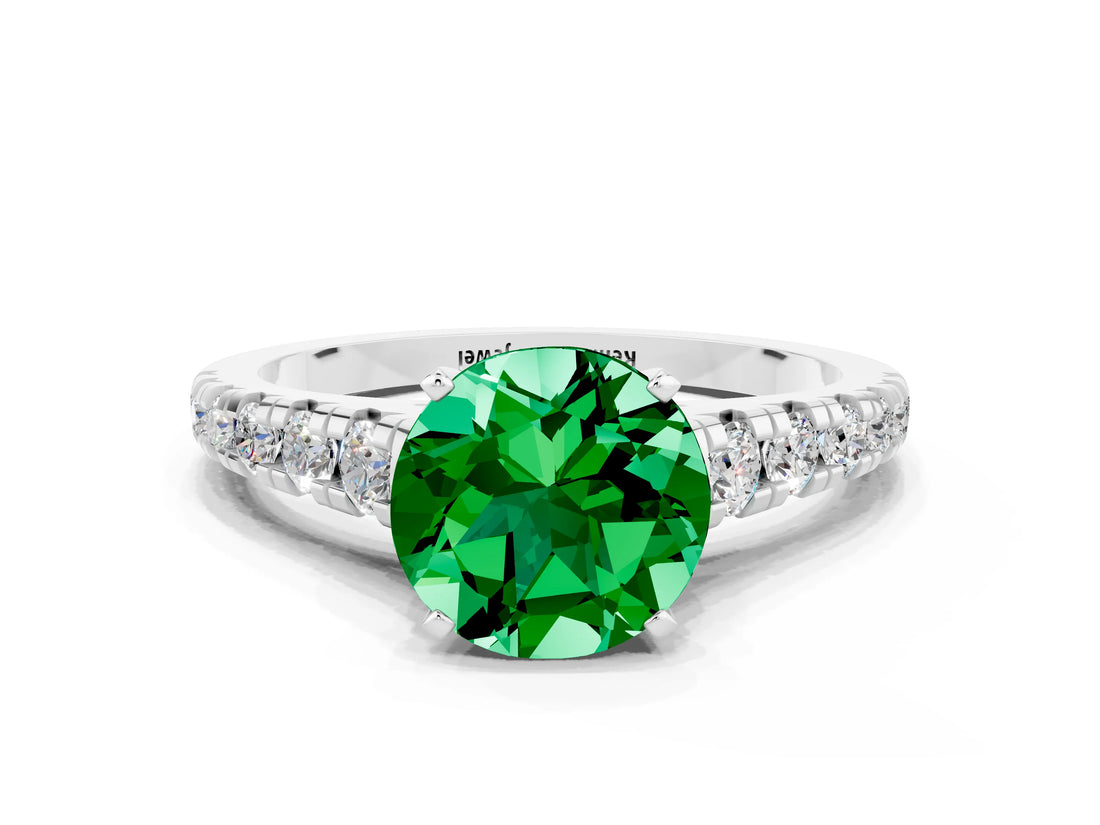 White gold Round Cut Emerald Solitaire Ring with Cathedral Setting and Pavé Band