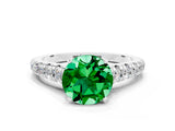 White gold Round Cut Emerald Solitaire Ring with Cathedral Setting and Pavé Band