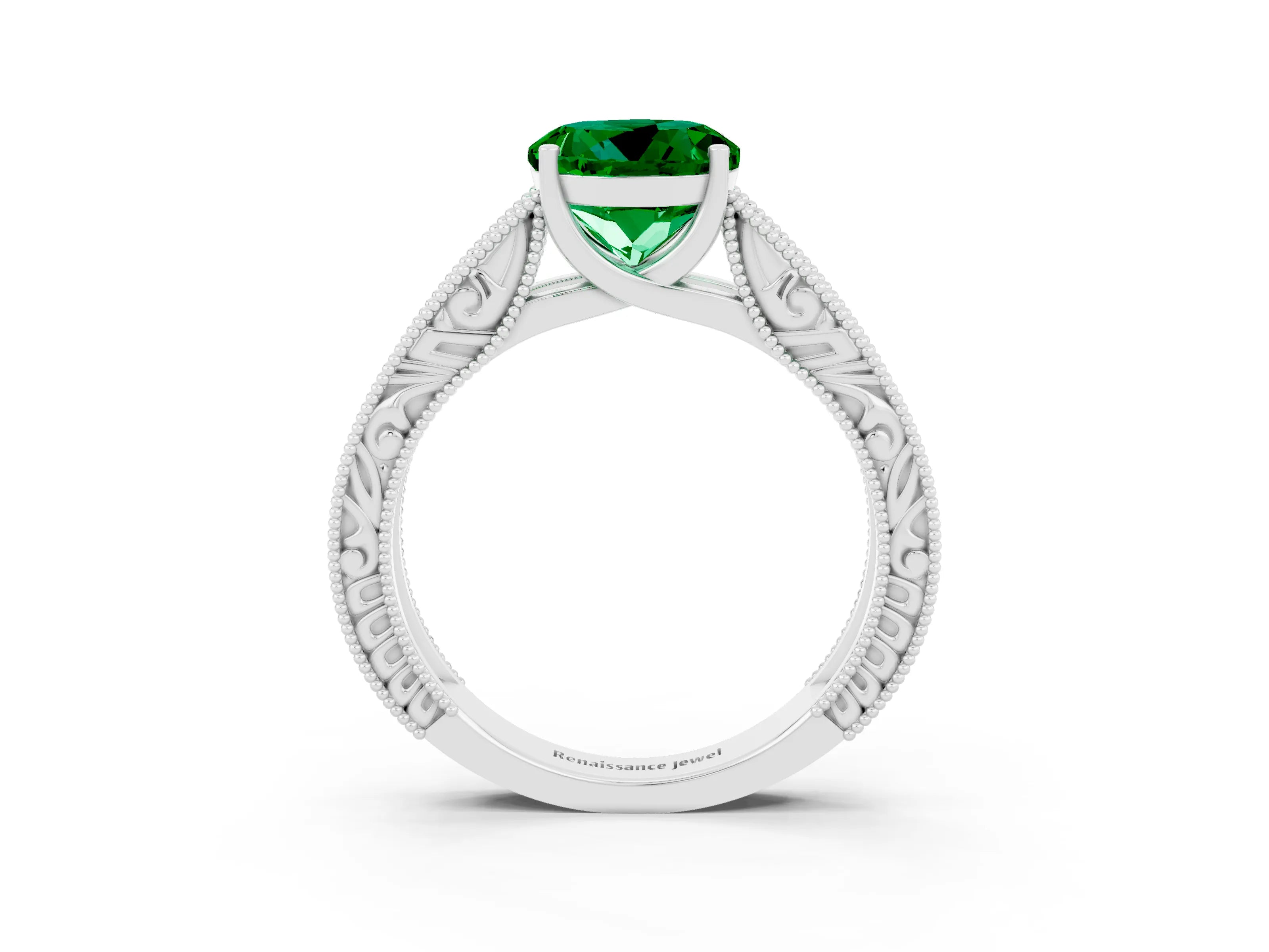 White gold Round Cut Emerald Solitaire Ring with Engraved Band and Four-Prong Setting_3