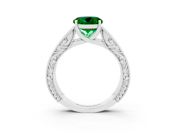 White gold Round Cut Emerald Solitaire Ring with Engraved Band and Four-Prong Setting