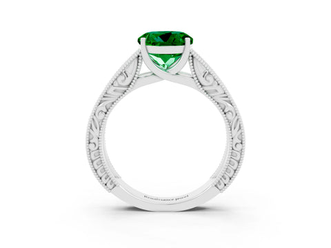 White gold Round Cut Emerald Solitaire Ring with Engraved Band and Four-Prong Setting_3