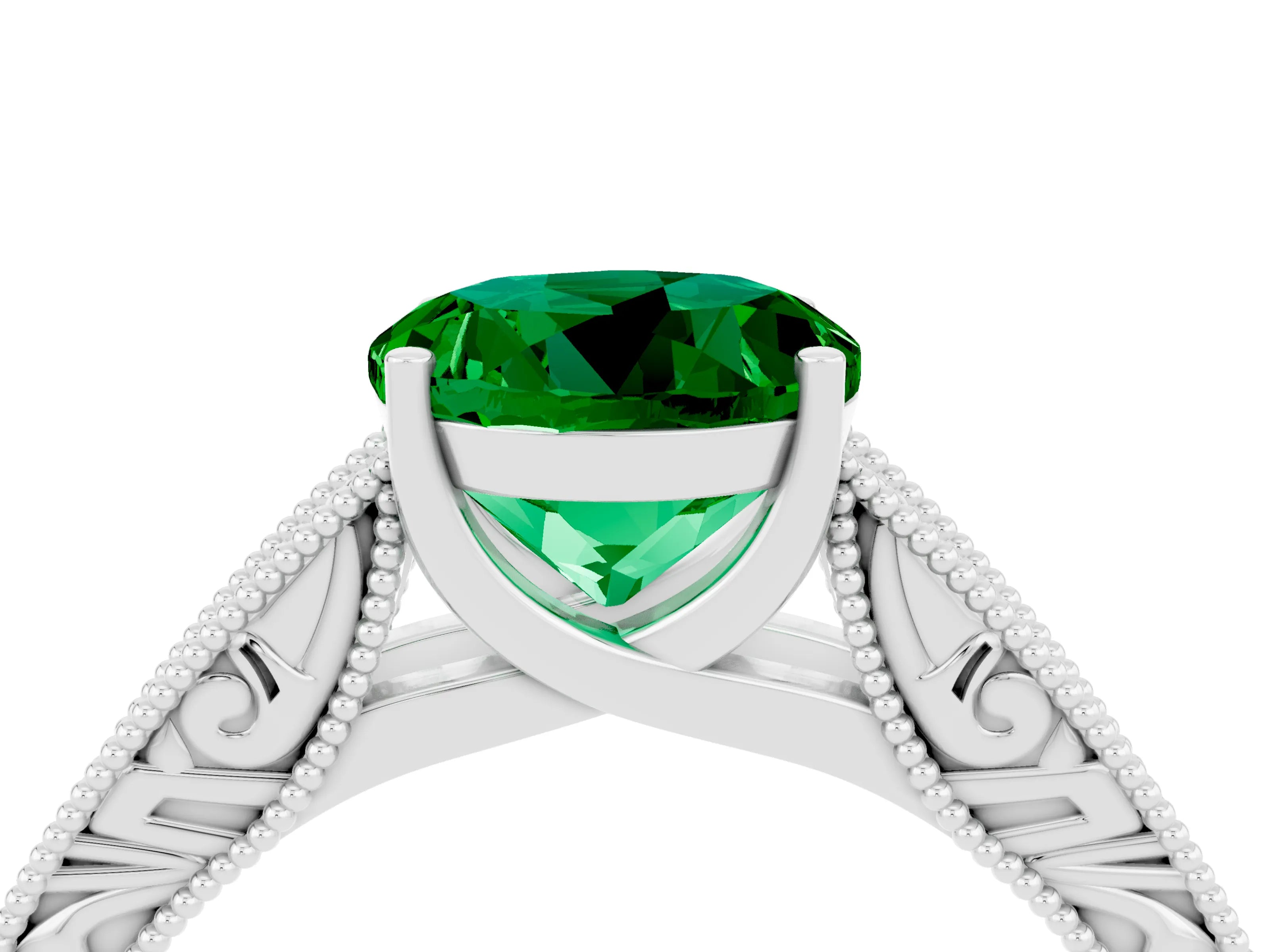 White gold Round Cut Emerald Solitaire Ring with Engraved Band and Four-Prong Setting_4