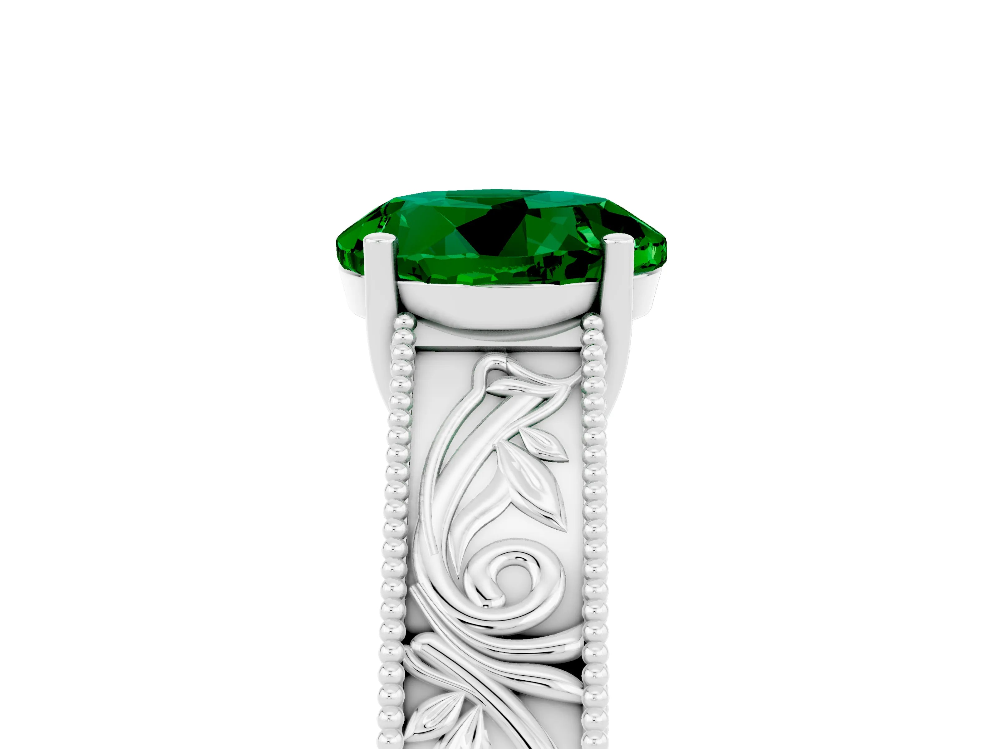 White gold Round Cut Emerald Solitaire Ring with Engraved Band and Four-Prong Setting_5