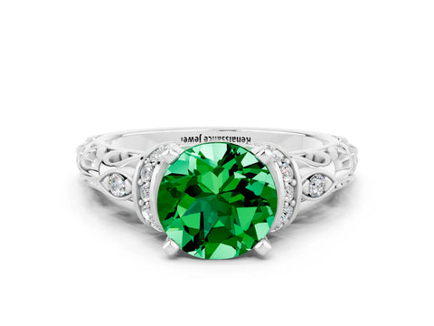 White gold Round Cut Emerald Solitaire Ring with Filigree Band and Four-Prong Setting_24