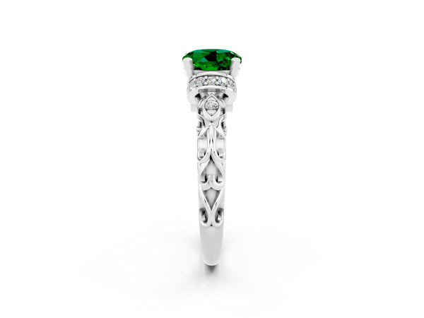 Silver Round Cut Emerald Solitaire Ring with Filigree Band and Four-Prong Setting