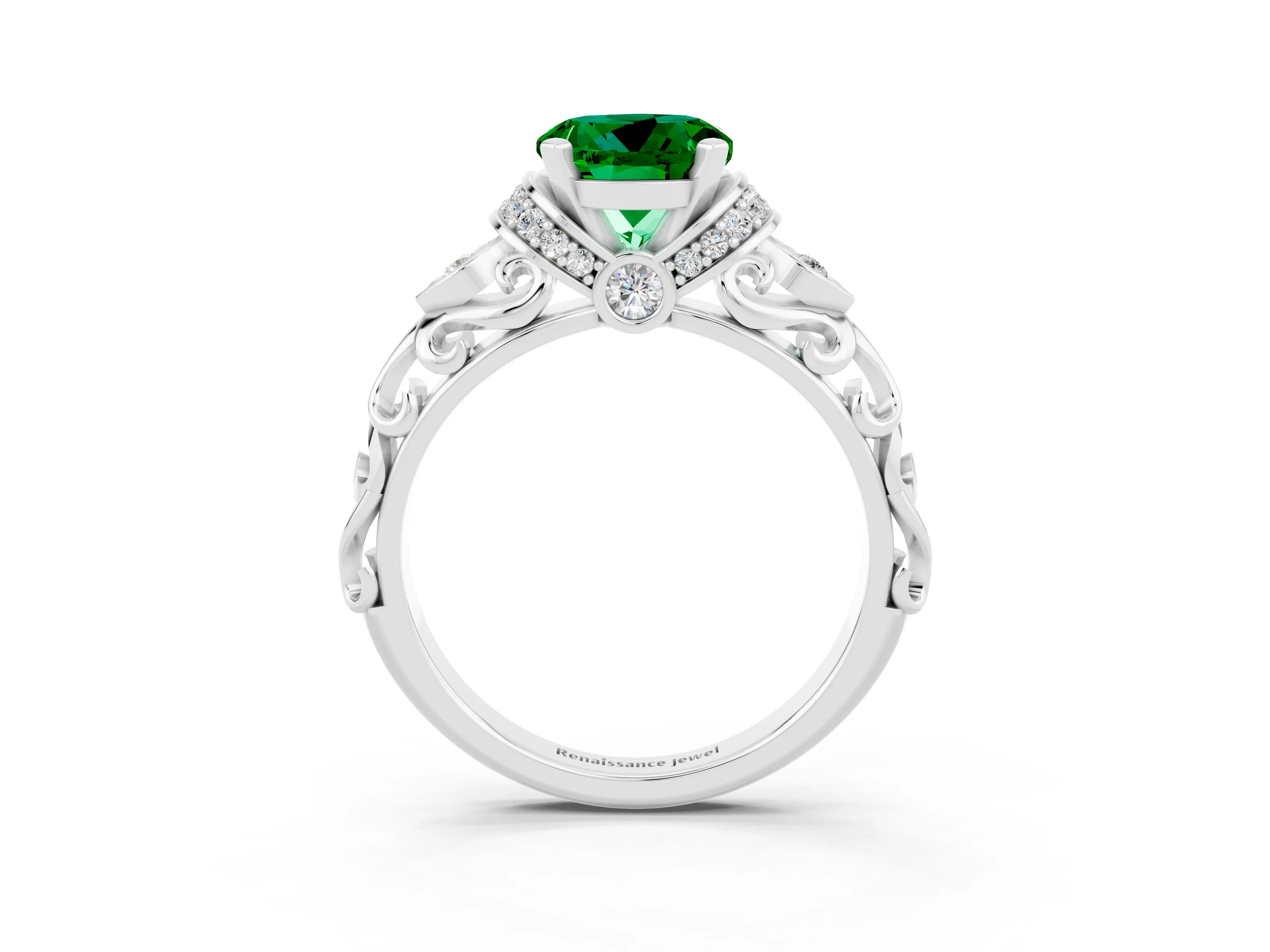 White gold Round Cut Emerald Solitaire Ring with Filigree Band and Four-Prong Setting_27