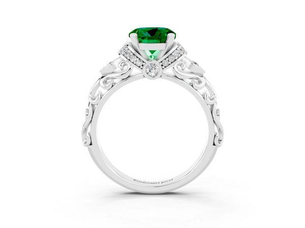 Silver Round Cut Emerald Solitaire Ring with Filigree Band and Four-Prong Setting