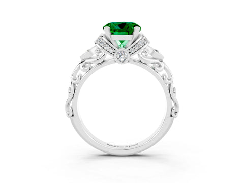 White gold Round Cut Emerald Solitaire Ring with Filigree Band and Four-Prong Setting_27