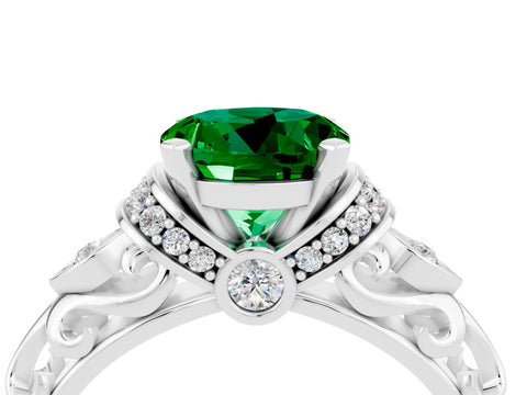 White gold Round Cut Emerald Solitaire Ring with Filigree Band and Four-Prong Setting_28