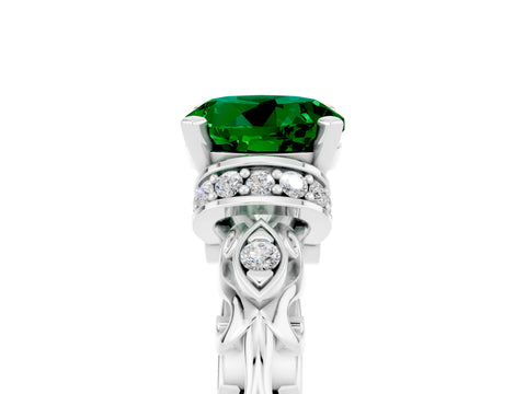 White gold Round Cut Emerald Solitaire Ring with Filigree Band and Four-Prong Setting_29