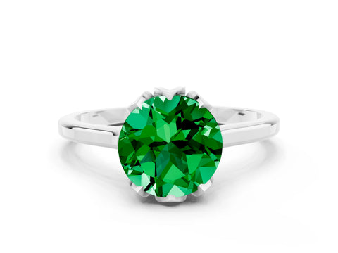 White gold Round Cut Emerald Solitaire Ring with Flower Prong Setting and Classic Band_12