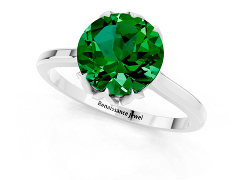 White gold Round Cut Emerald Solitaire Ring with Flower Prong Setting and Classic Band_13