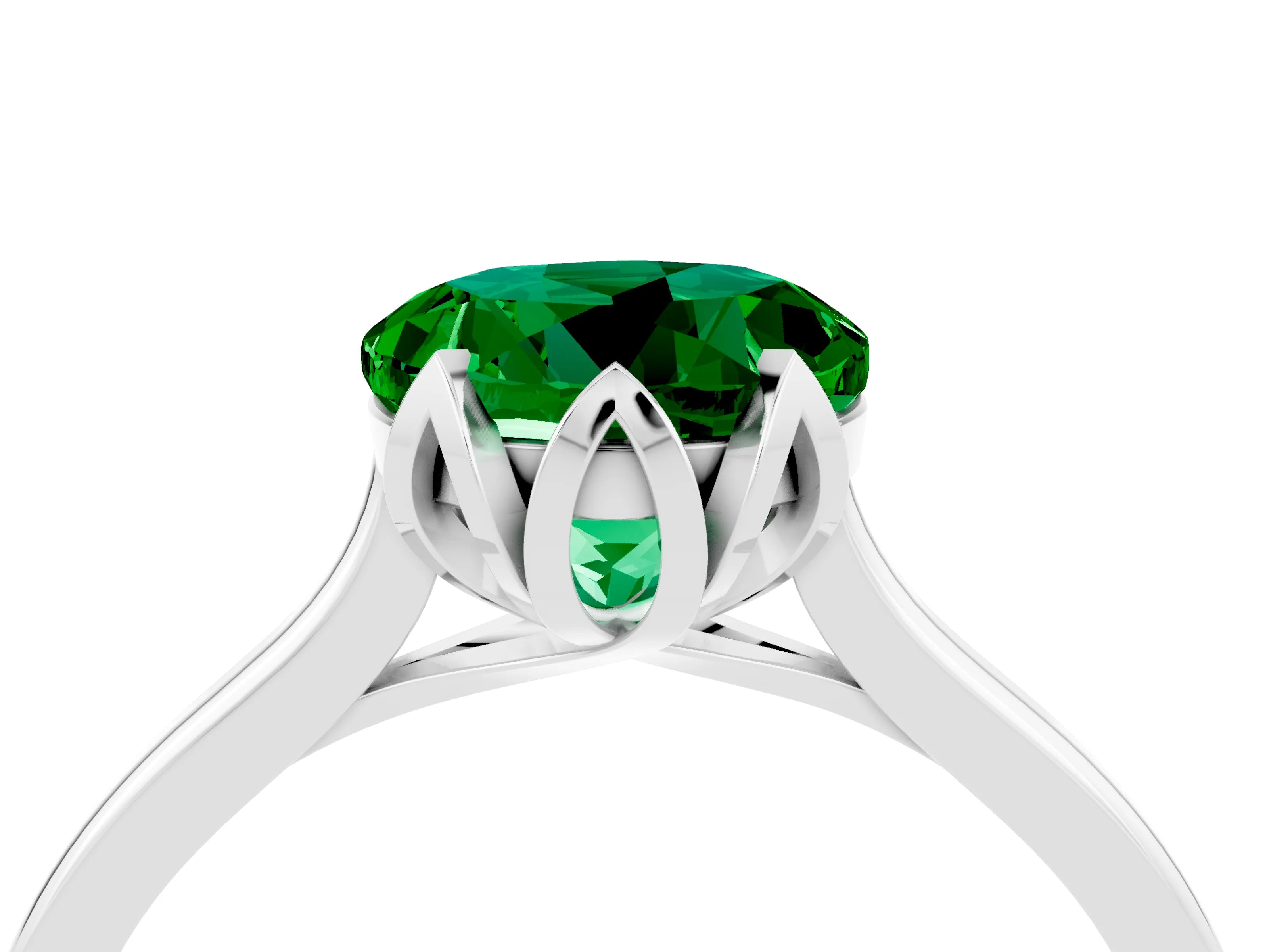 White gold Round Cut Emerald Solitaire Ring with Flower Prong Setting and Classic Band_16