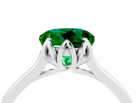 White gold Round Cut Emerald Solitaire Ring with Flower Prong Setting and Classic Band_16