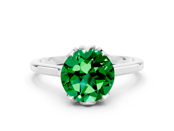 White gold Round Cut Emerald Solitaire Ring with Flower Prong Setting and Classic Band