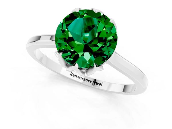 White gold Round Cut Emerald Solitaire Ring with Flower Prong Setting and Classic Band