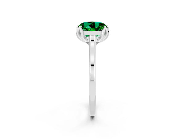 White gold Round Cut Emerald Solitaire Ring with Flower Prong Setting and Classic Band