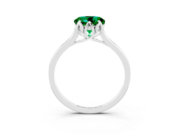 White gold Round Cut Emerald Solitaire Ring with Flower Prong Setting and Classic Band