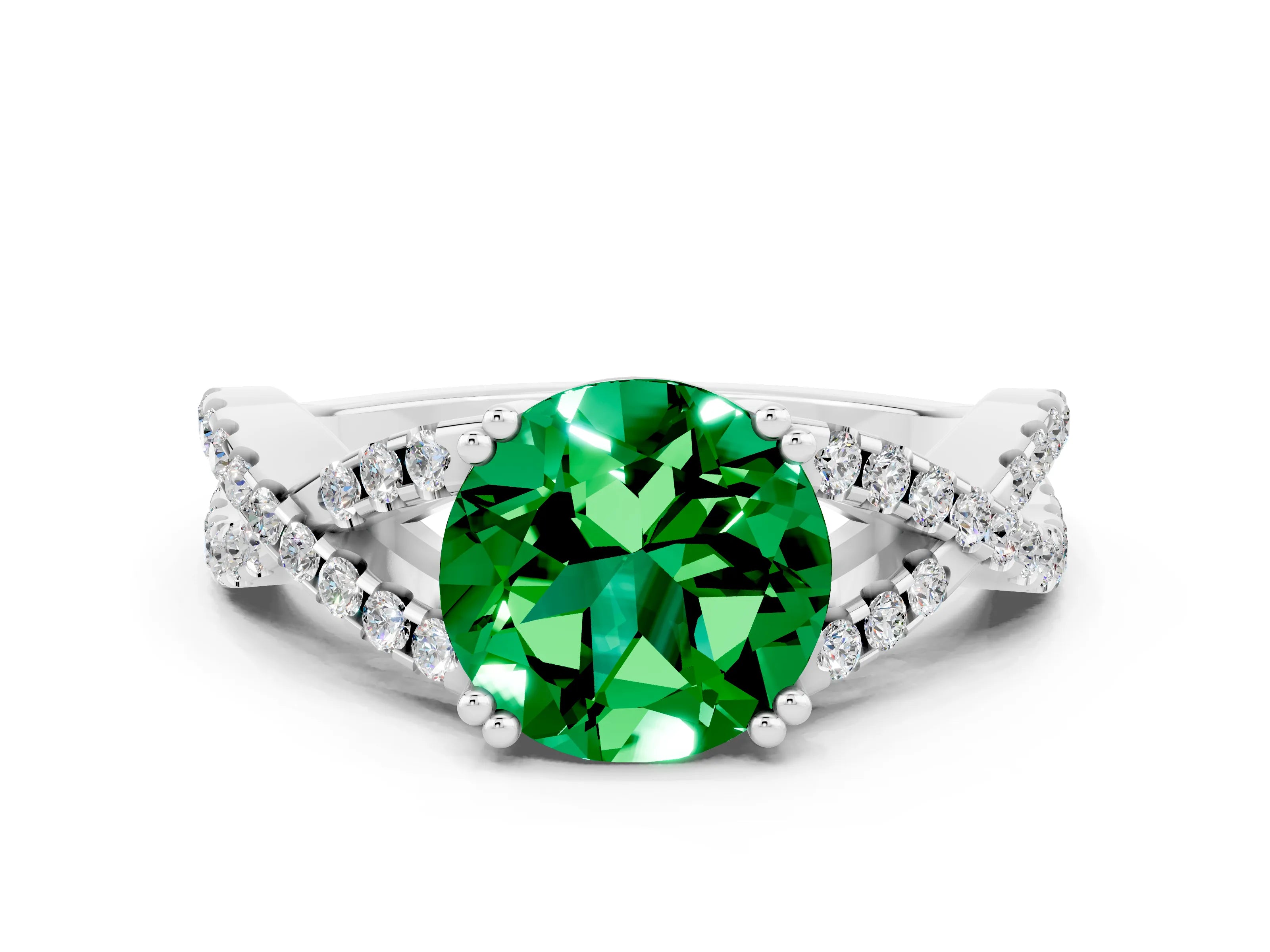 White gold Round Cut Emerald Solitaire Ring with Four-Prong Setting and Twisted Pavé Band