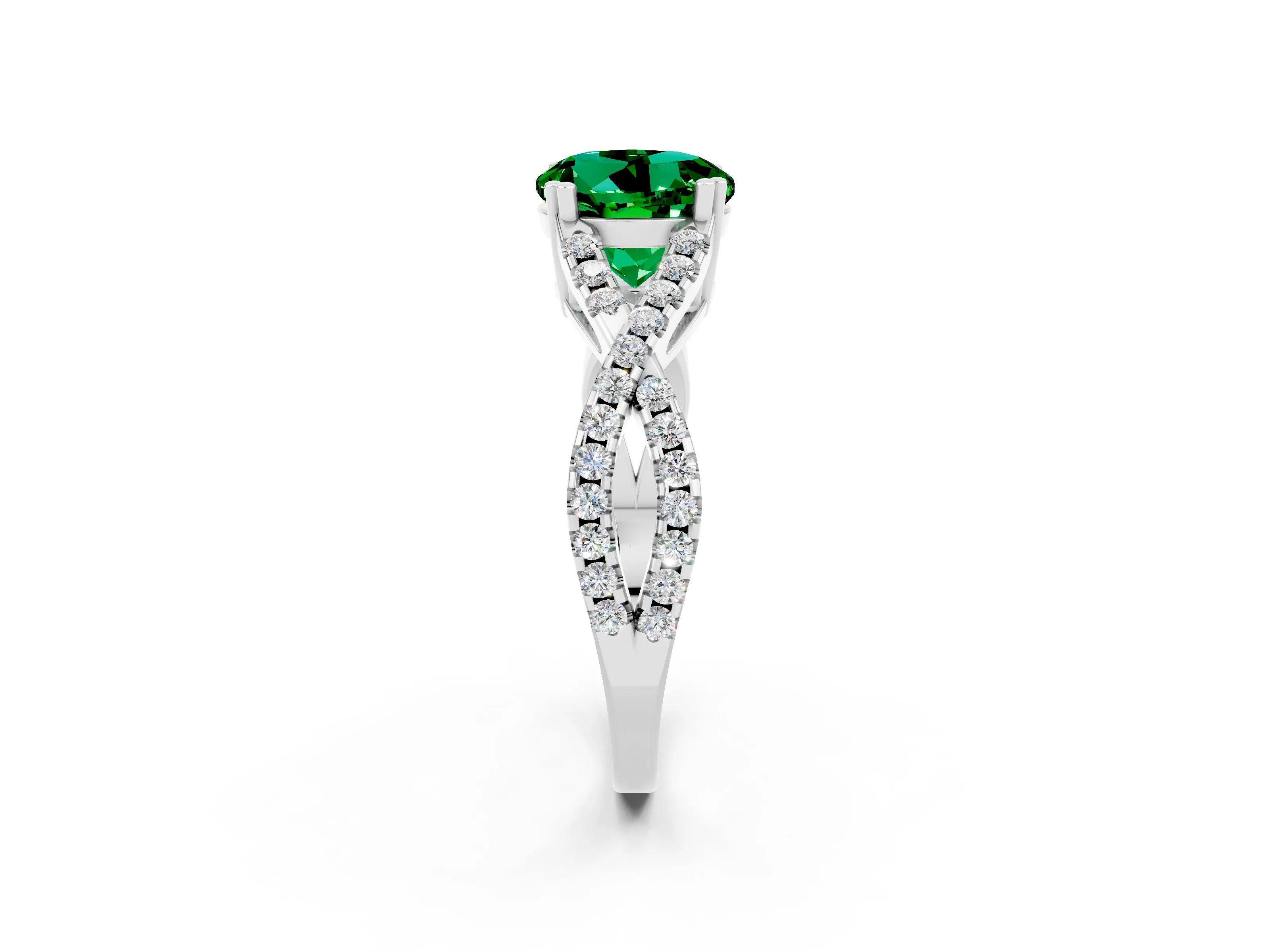 White gold Round Cut Emerald Solitaire Ring with Four-Prong Setting and Twisted Pavé Band_2