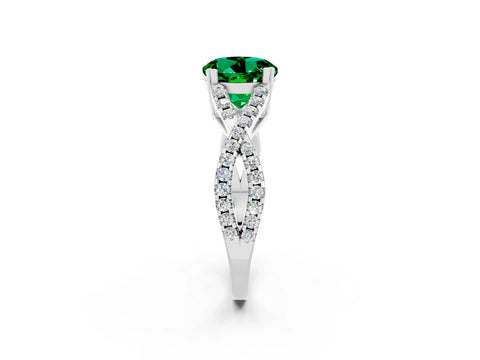 White gold Round Cut Emerald Solitaire Ring with Four-Prong Setting and Twisted Pavé Band_2