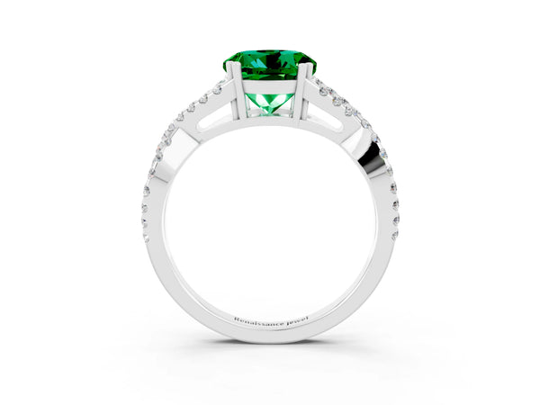 White gold Round Cut Emerald Solitaire Ring with Four-Prong Setting and Twisted Pavé Band