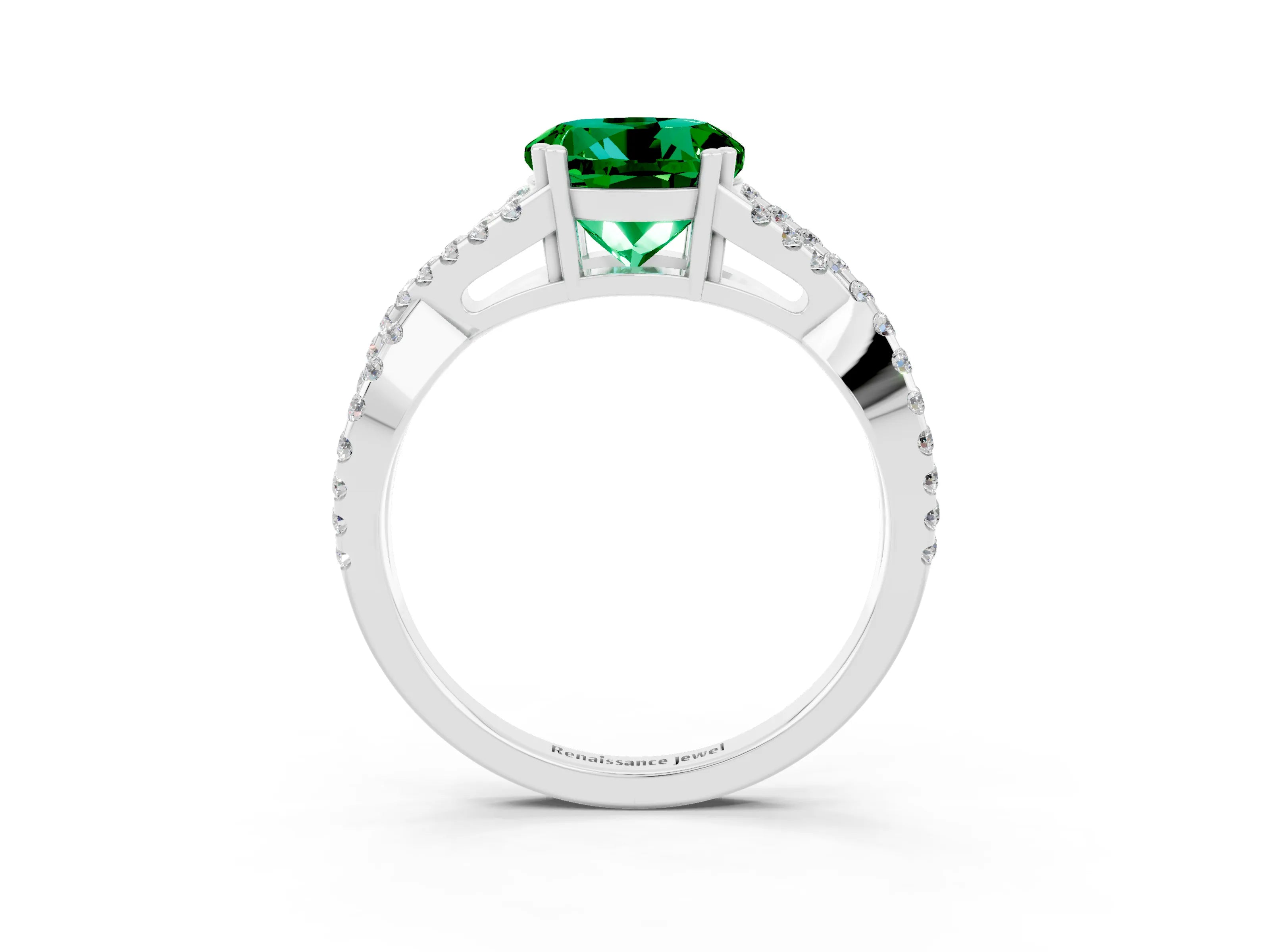 White gold Round Cut Emerald Solitaire Ring with Four-Prong Setting and Twisted Pavé Band_3