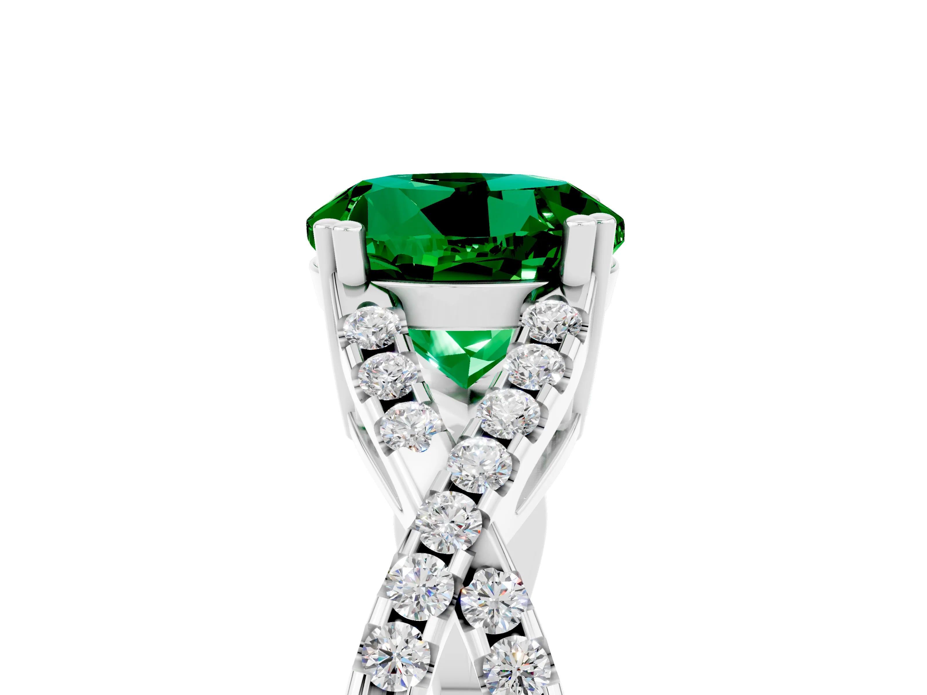 White gold Round Cut Emerald Solitaire Ring with Four-Prong Setting and Twisted Pavé Band_5