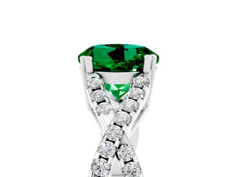 White gold Round Cut Emerald Solitaire Ring with Four-Prong Setting and Twisted Pavé Band_5