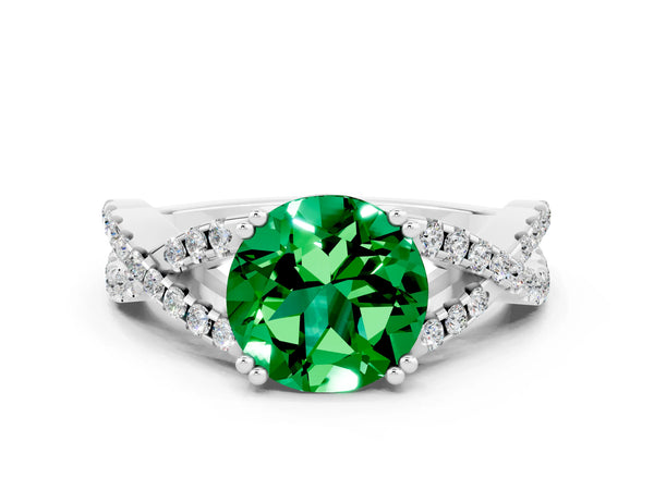 Silver Round Cut Emerald Solitaire Ring with Four-Prong Setting and Twisted Pavé Band