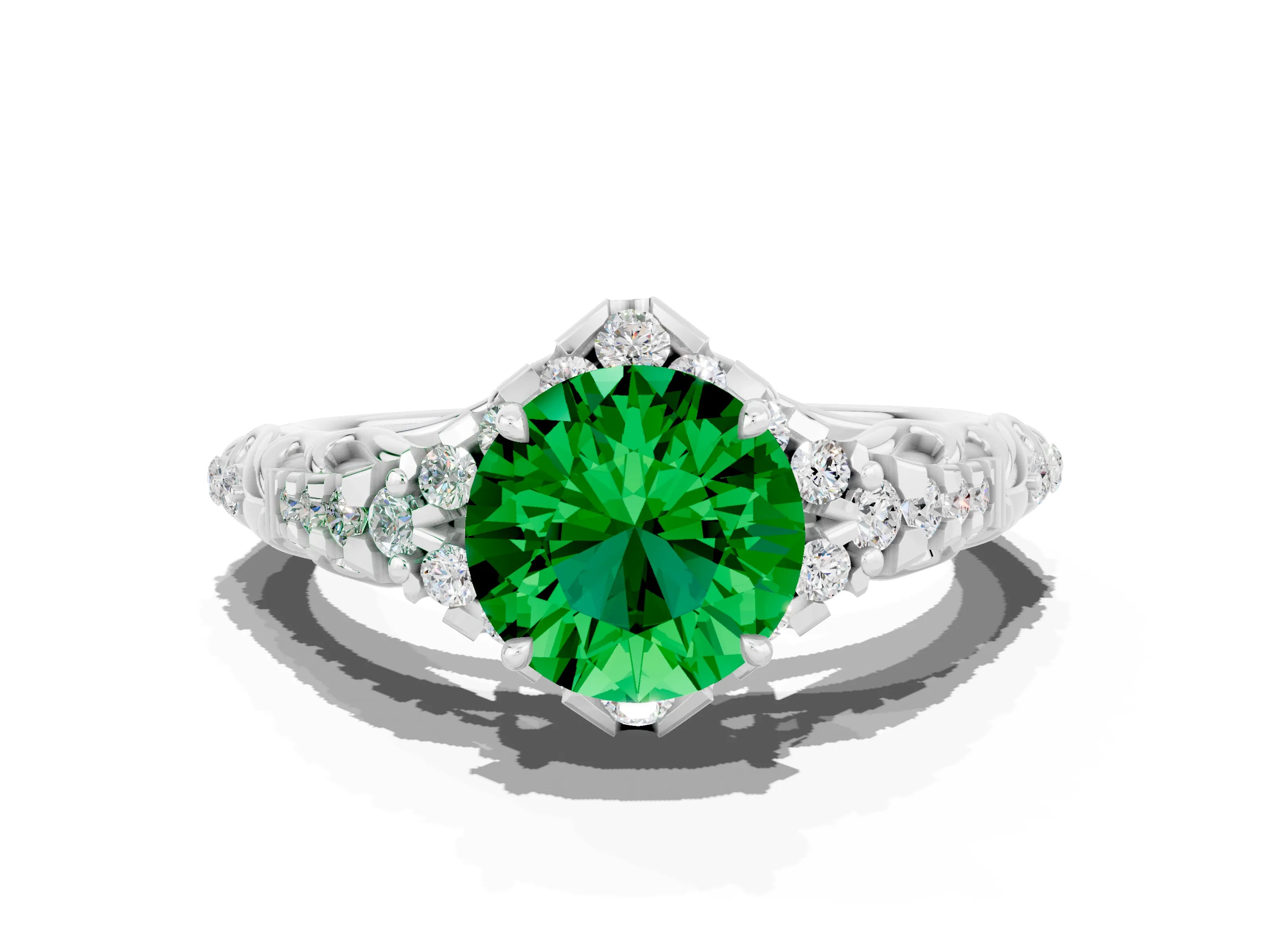 White gold Round Cut Emerald Solitaire Ring with Hidden Halo and Pavé Band_30